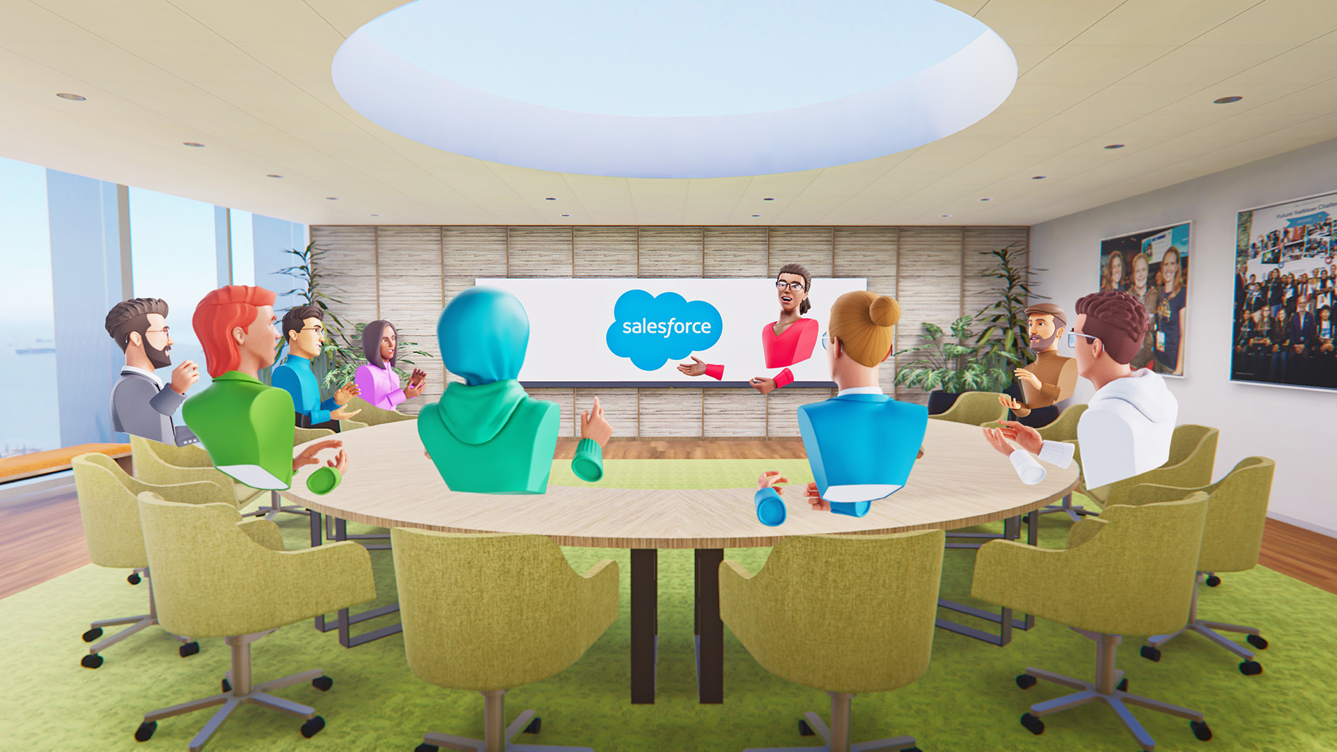 custom virtual reality office and people on a virtual reality meeting work together in a virtual space